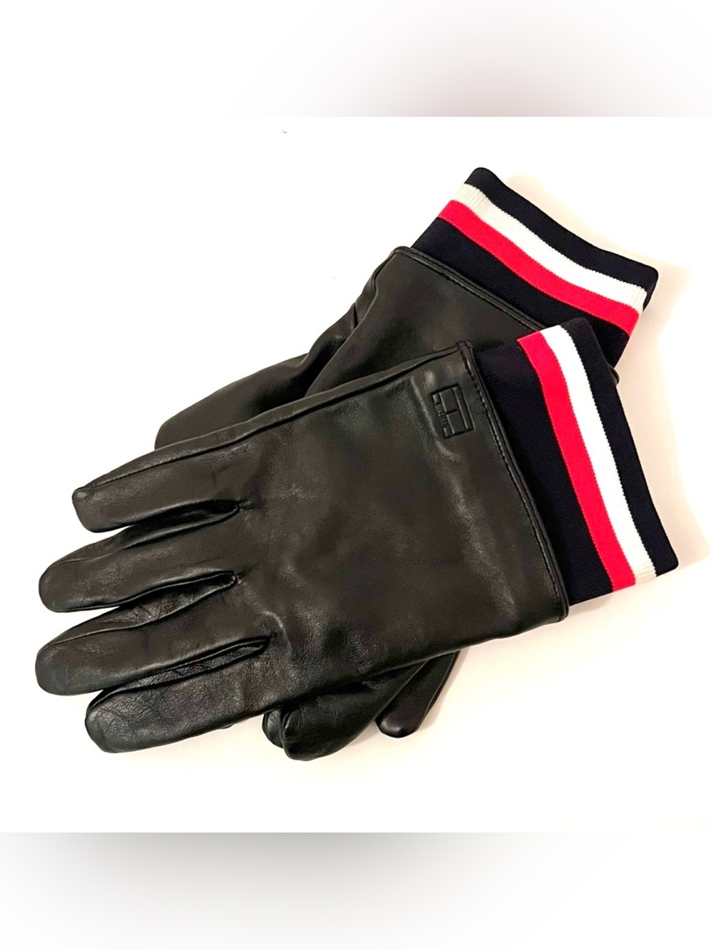 Tommy Hilfiger Leather Gloves Rib Knit Cuff Black Size M